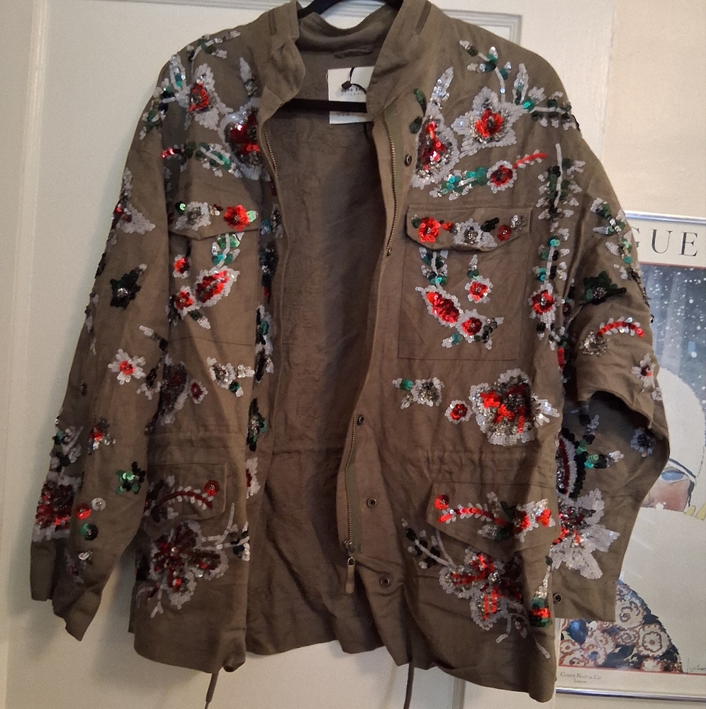 Zara Sequin Army Green Cargo Jacket Size M